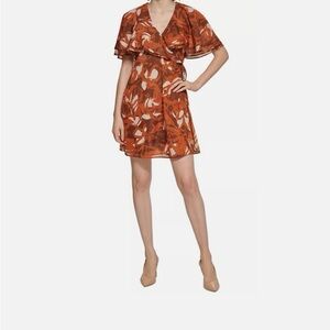 CALVIN KLEIN Rust Brown White Floral Wrap Tie Overlay Flutter Sleeve Dress NWT